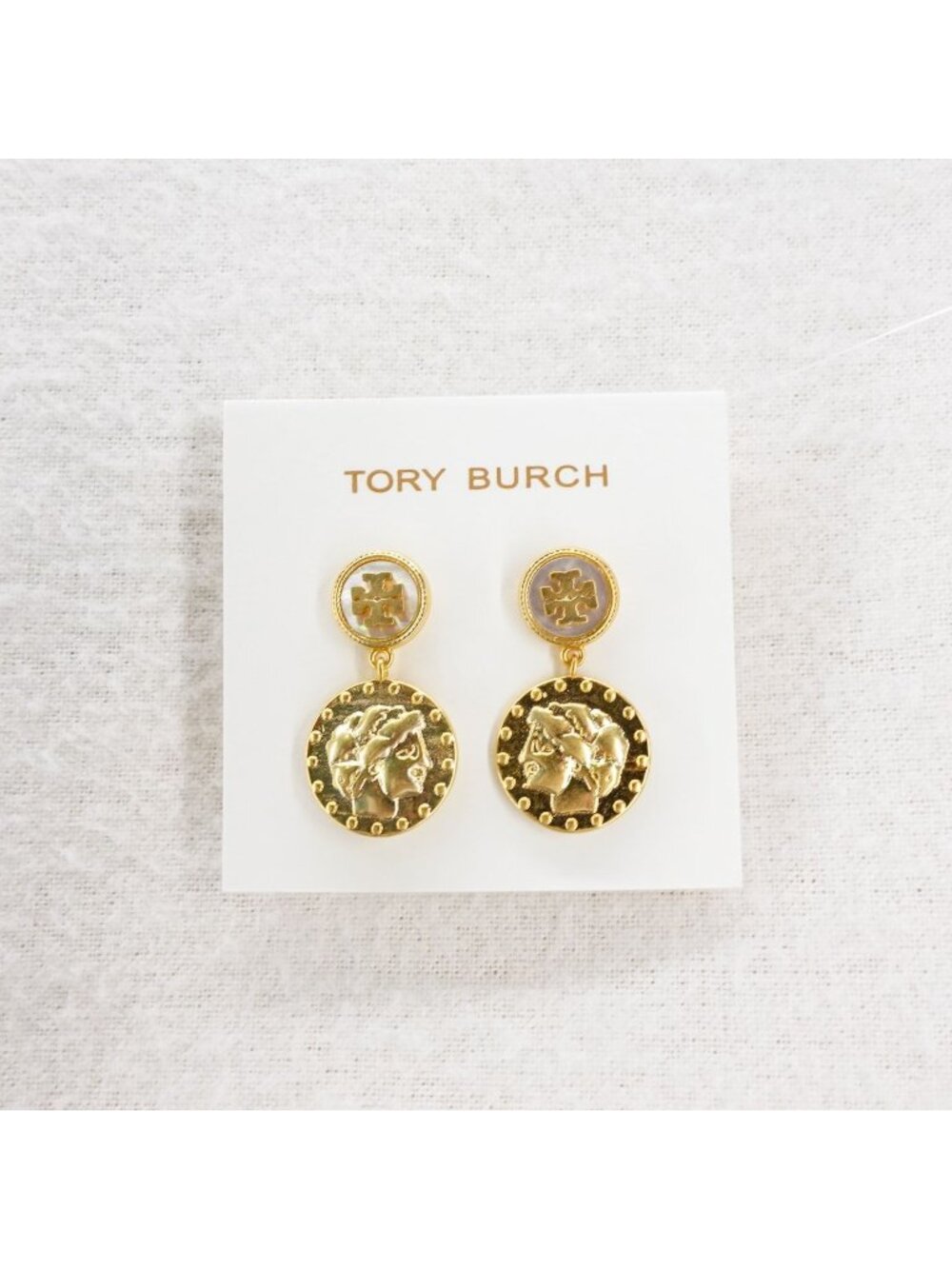 Tory Burch Mother of Pearl Logo Coin Medallion Drop Earrings New Ivory/Tory Gold
